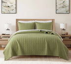 Sage Green Box Stitch Brushed Microfiber Quilt Set – 3 Piece