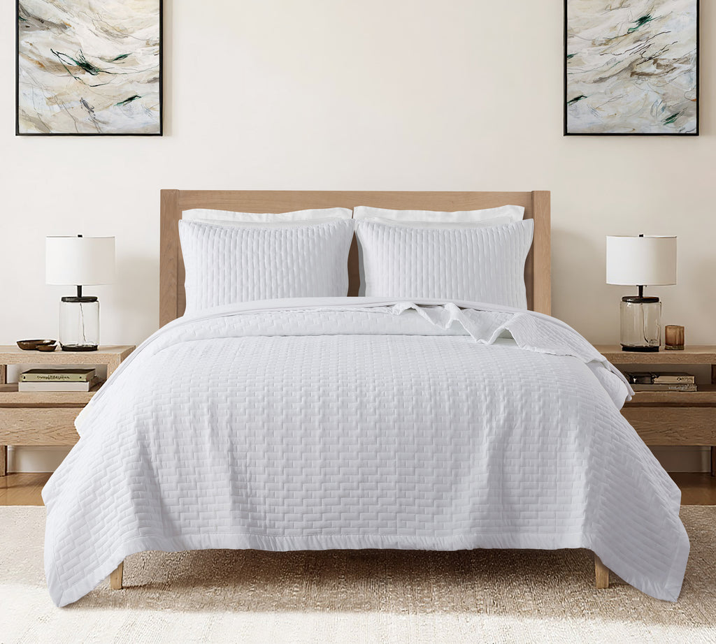 Box Stitch White Brushed Microfiber Quilt Set – 3 Piece
