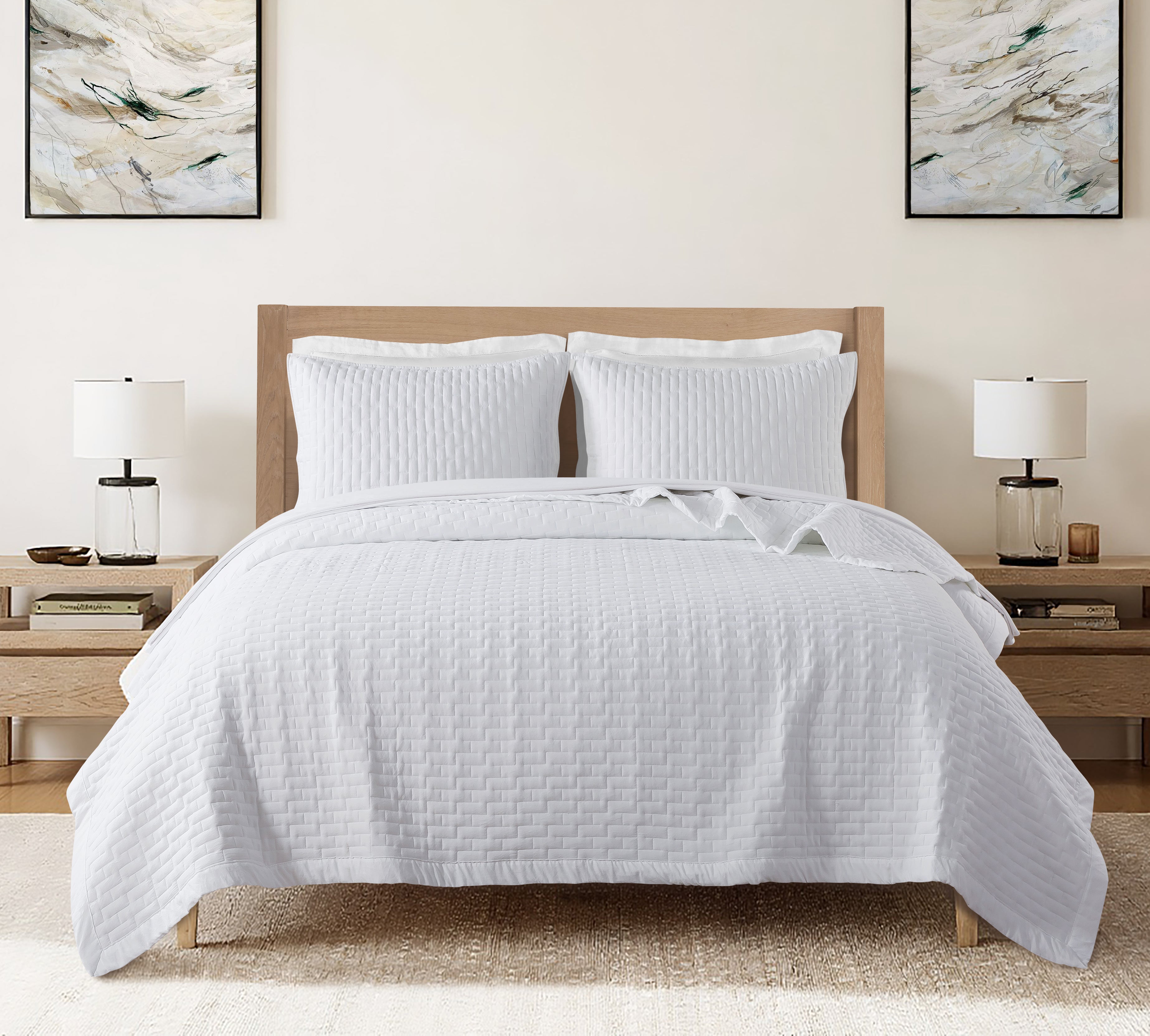 Box Stitch White Brushed Microfiber Quilt Set – 3 Piece