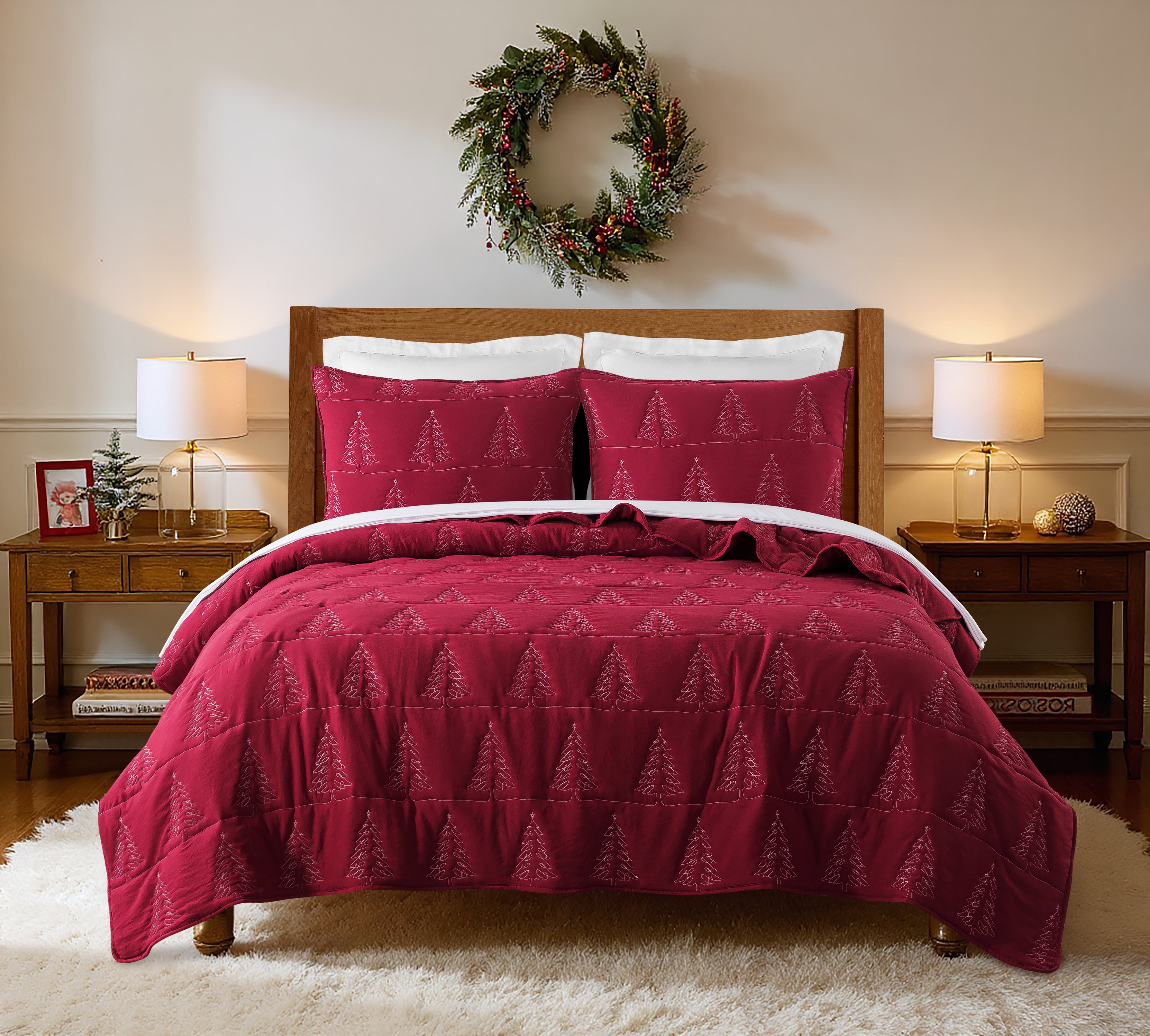 Christmas Tree Red Brushed Microfiber Quilt Set – 3 Piece