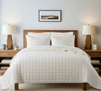 Cream Taupe Cross-Stitch Grid Brushed Microfiber Quilt Set – 3 Piece