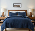 Navy Geometric Stitch Brushed Microfiber Quilt Set – 3 Piece