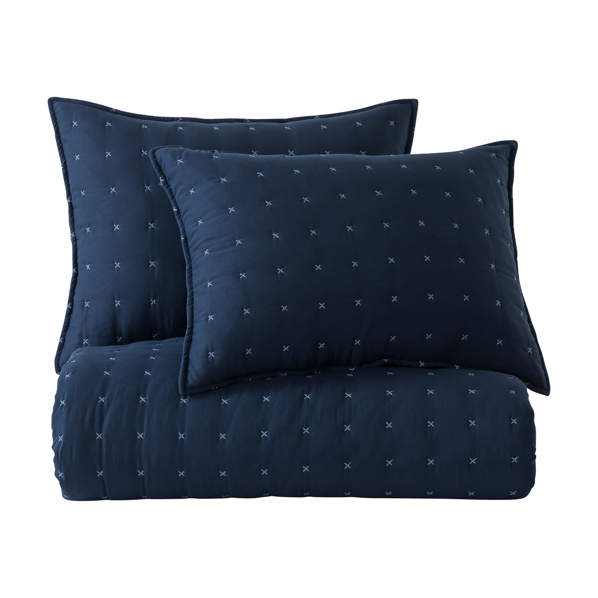 Navy quilt with geometric stitching and two matching pillow shams (view 2)