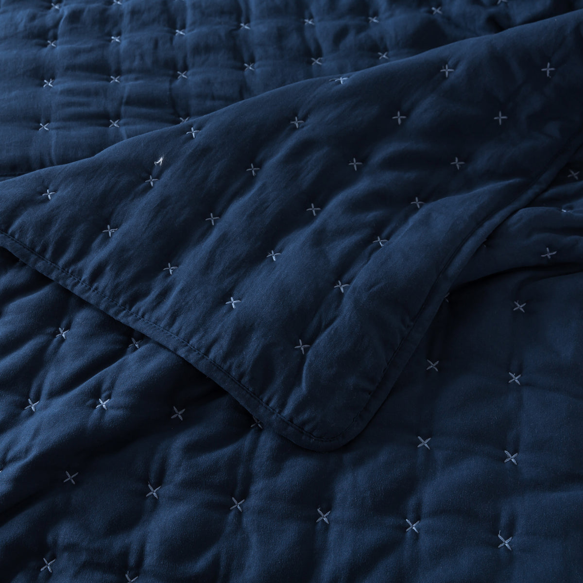 Navy quilt with geometric stitching and two matching pillow shams (view 3)