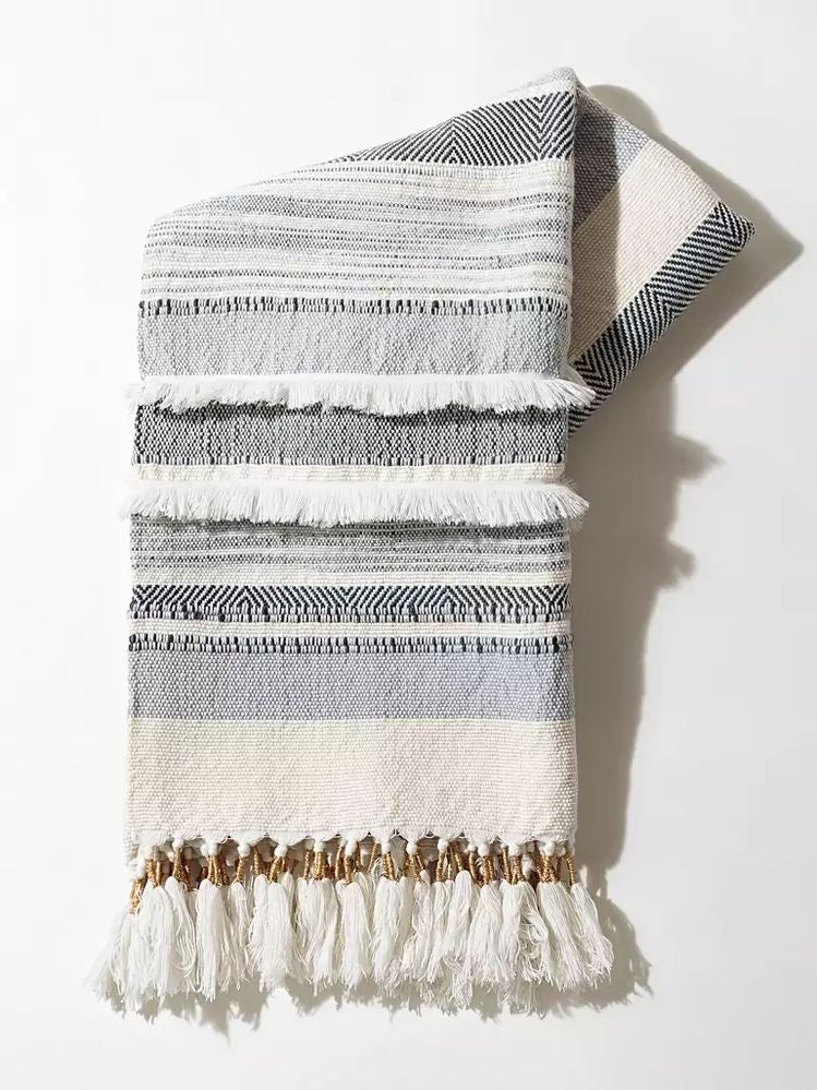 Harbor Stripe Beaded-Fringe Throw — Grey