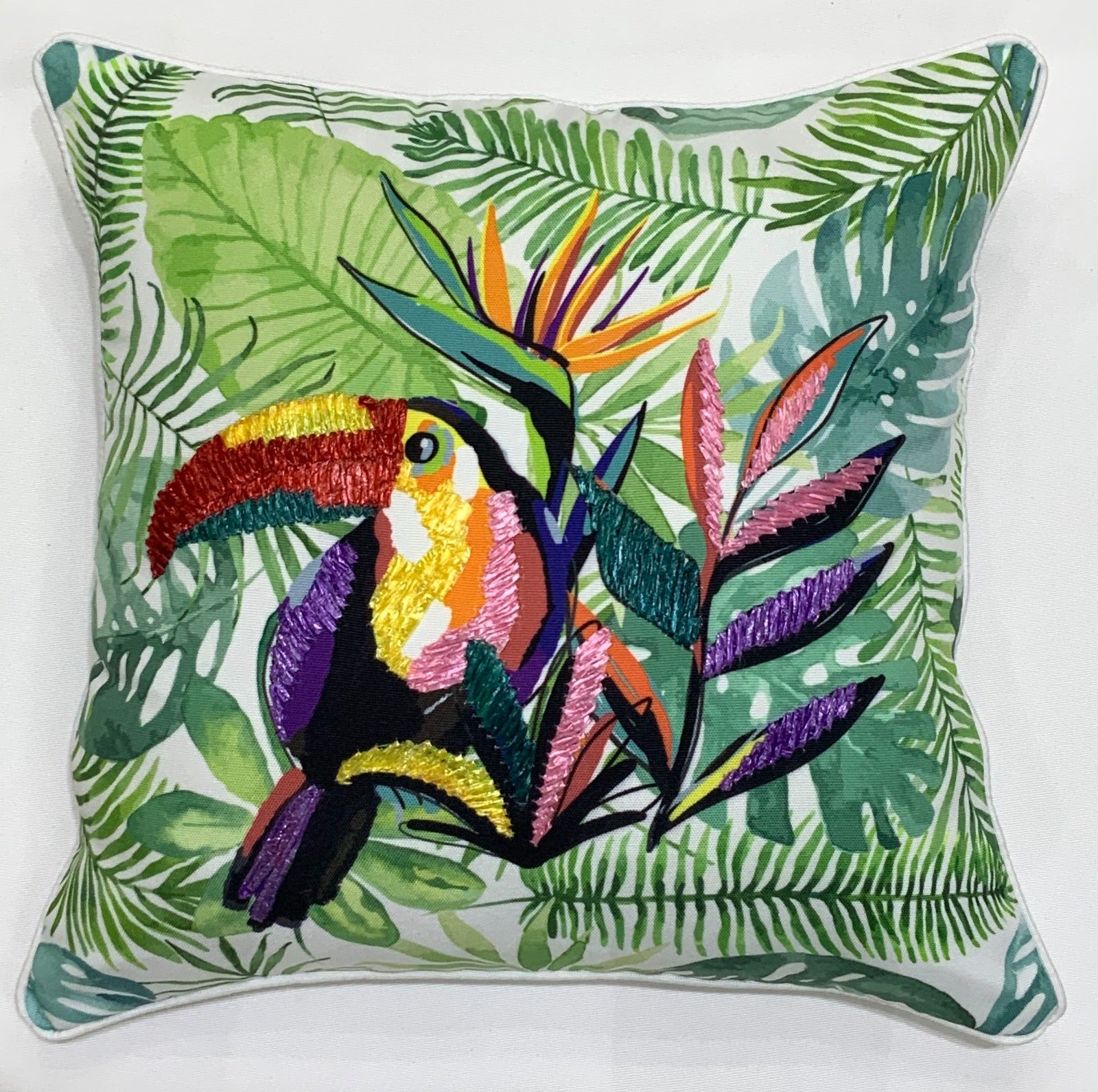 Jungle Toucan Embroidered Pillow