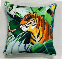 Embroidered jungle tiger throw pillow with hot pink piping and corner tassels