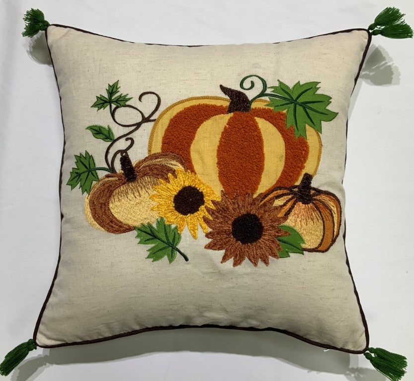 Harvest Pumpkin & Sunflower Pillow (with Tassels)