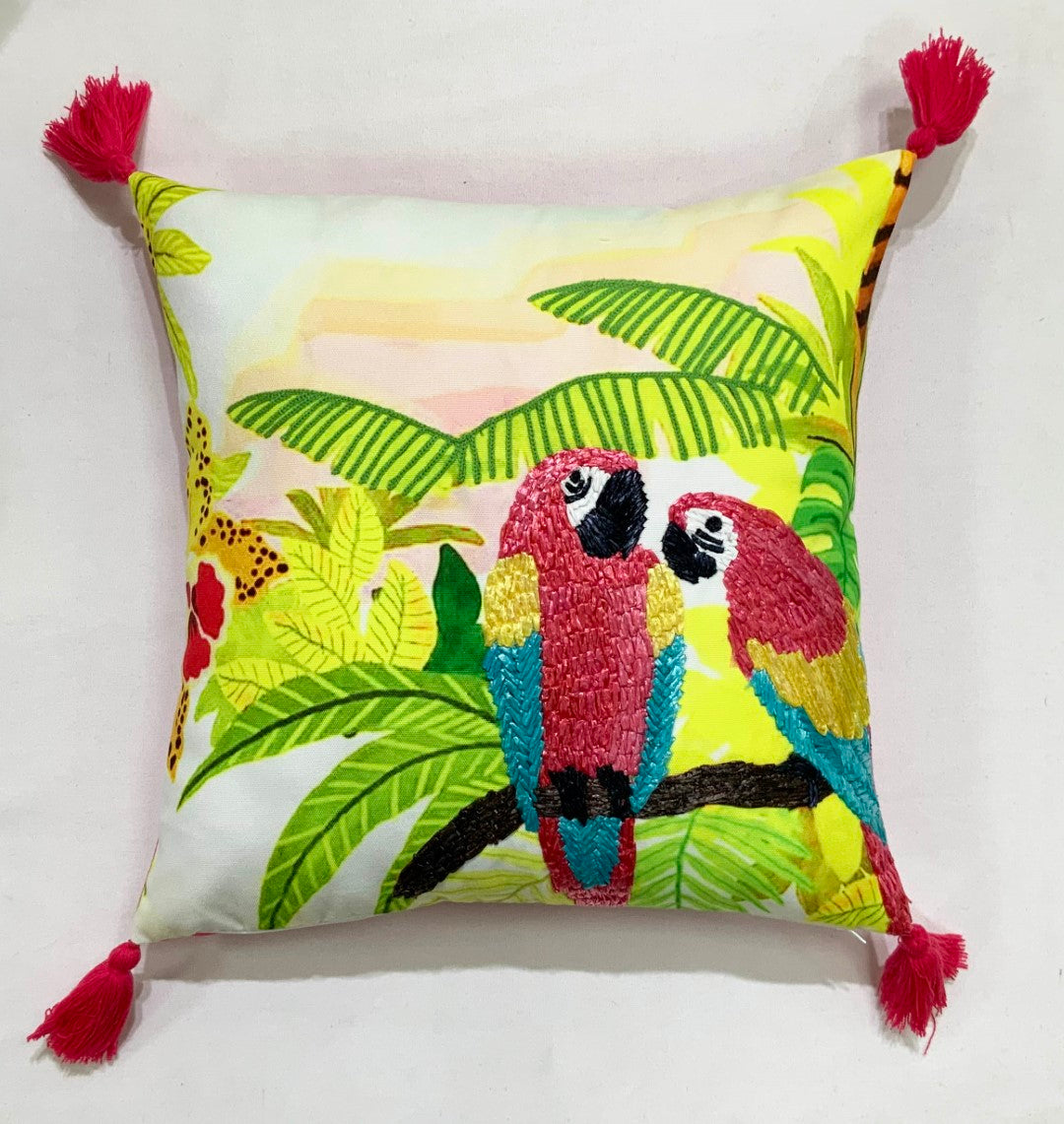 Tropical Parrots Pillow with Pink Tassels