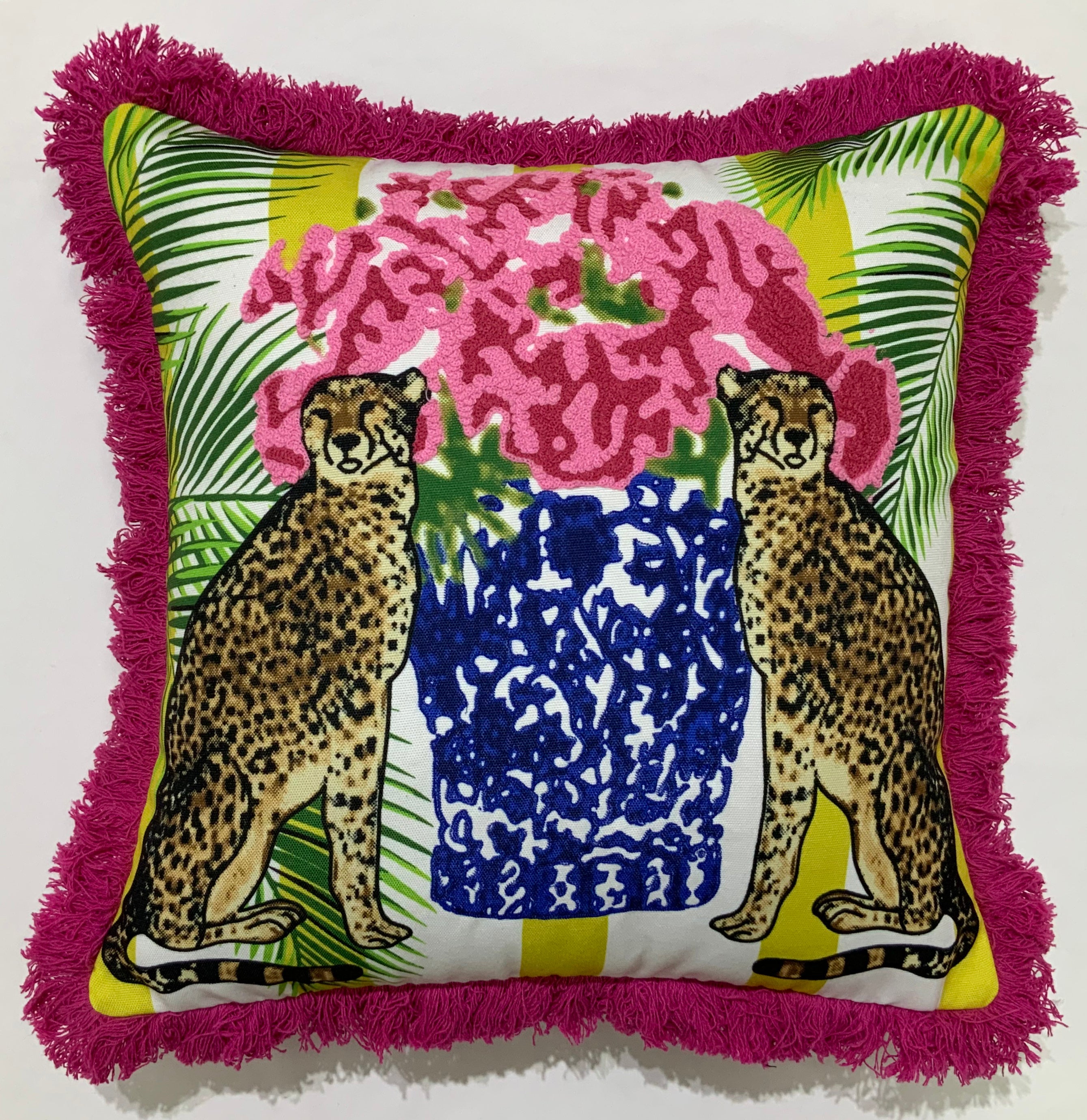Chinoiserie Cheetahs Pillow (Magenta Fringe)