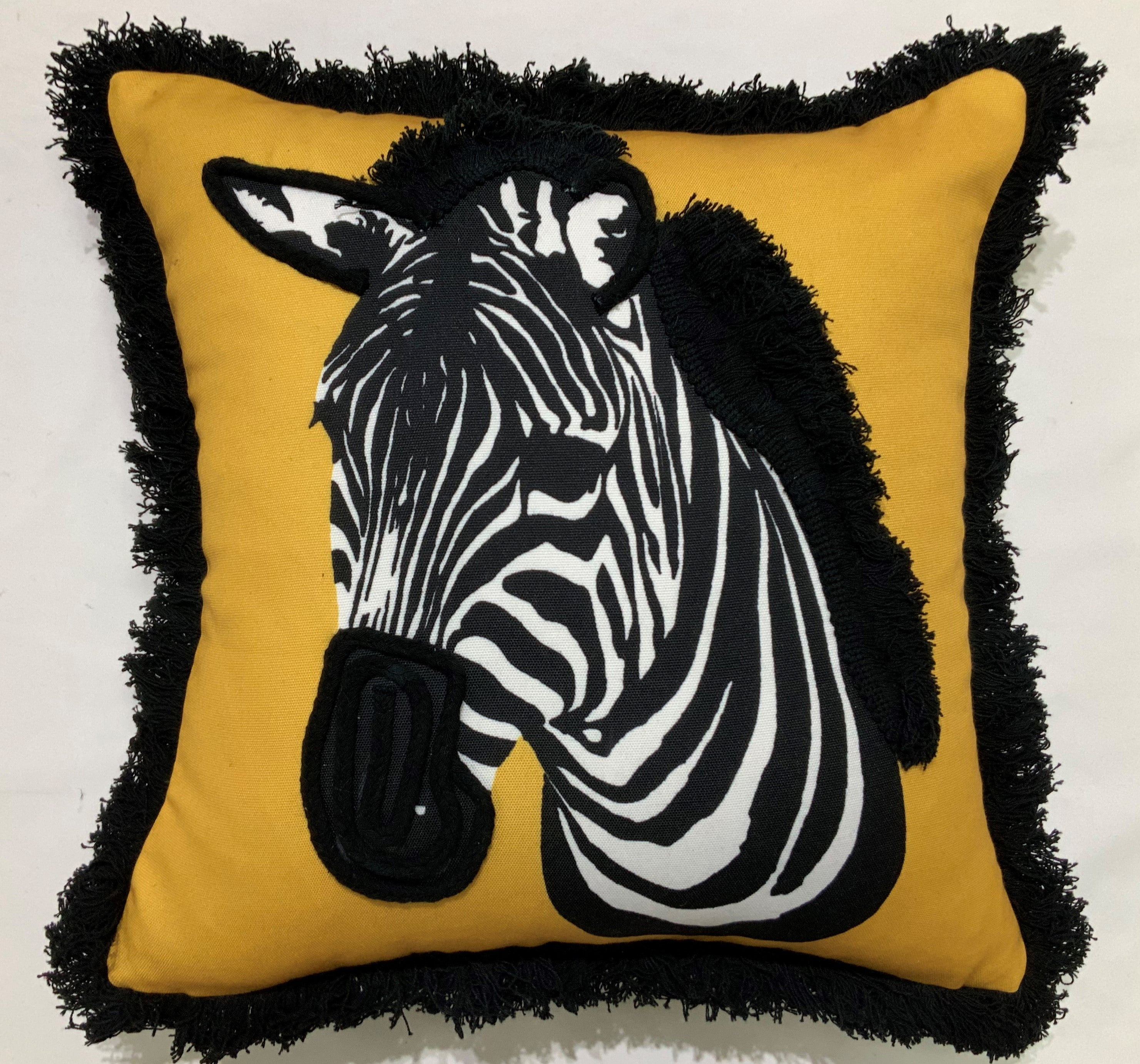 Graphic Zebra Pillow (Mustard + Black Fringe)