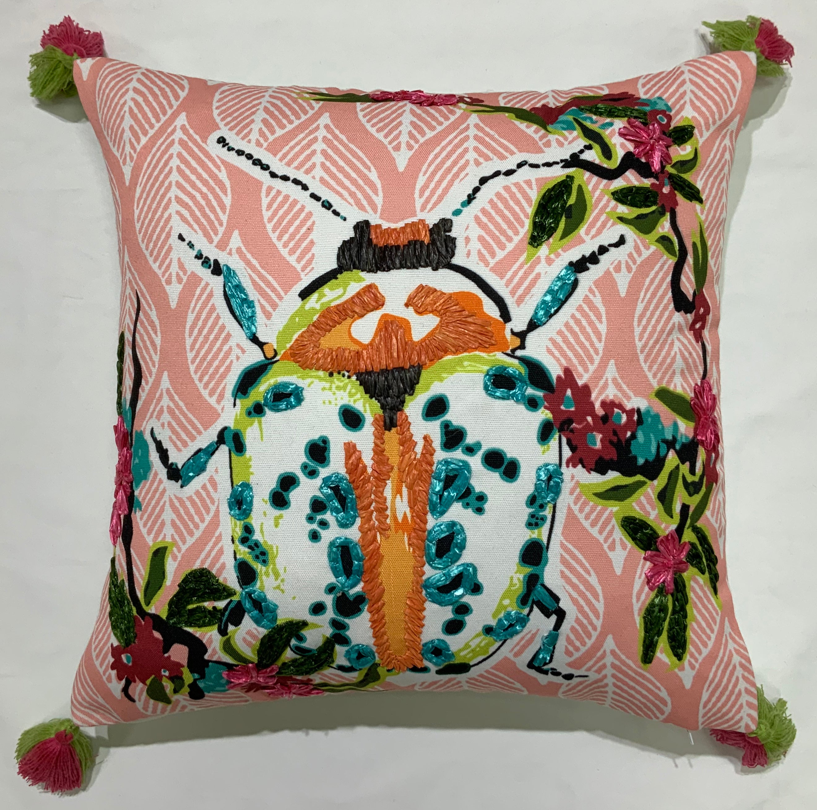 Pink Jungle Leaves Beaded Pillow