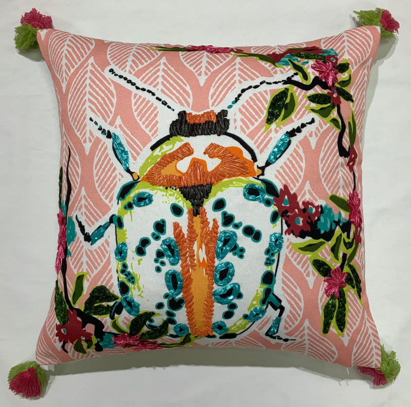 Pink Jungle Leaves Beaded Pillow