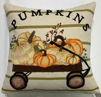 Embroidered pickup truck full of pumpkins with chenille lettering on a throw pillow