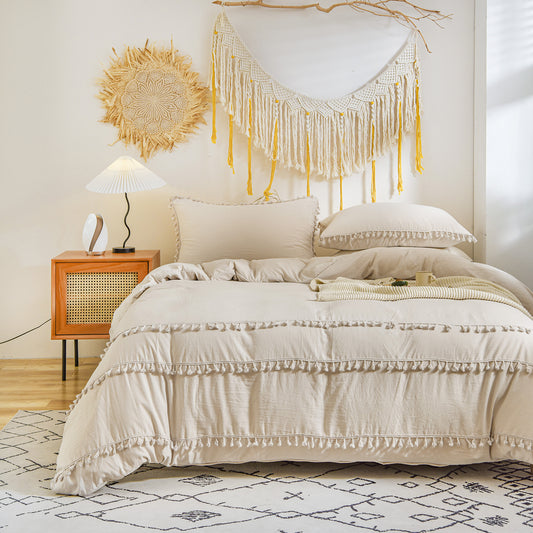 Tassel Bedding Set Ivory Duvet Cover - Janeen Home Shop